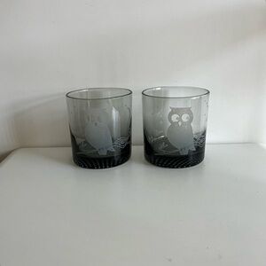 Vintage MCM Owl Moon Stars Smoke Gray Lowball Rock Glass Set of 2